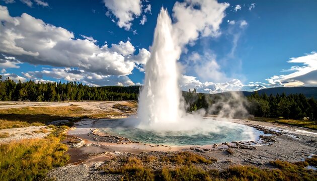Geyser erupts, water jetting to a great height, pool below, clear blue sky with clouds, arid plains, forest edge
