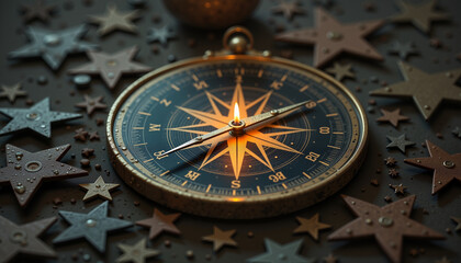 Fototapeta premium compass on a dark background surrounded by decorative stars representing navigation and exploration concepts, with an antique design and warm lighting, with copy space