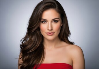Fototapeta premium A woman with long dark hair and a pink dress poses for a portrait