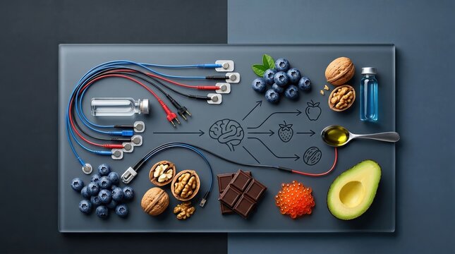 Brain food connection pathways illustrated with diverse nutritional elements including blueberries, walnuts, chocolate, and essential oils enhancing cognitive performance and brain health