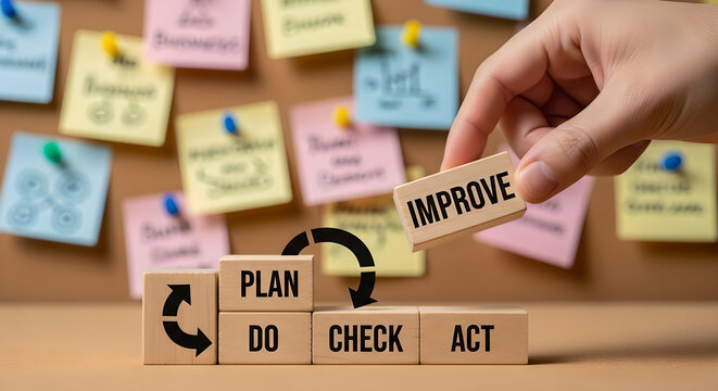 Hand placing wooden block with 'IMPROVE' on stack of 'PLAN DO CHECK ACT' blocks on desk with sticky notes background