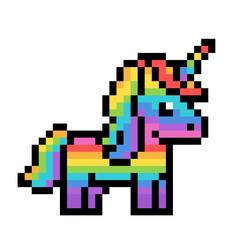 Cute pixel art unicorn – colorful rainbow fantasy character in retro 8bit style © Bohdan