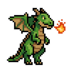 Fototapeta premium Pixel art green dragon breathing fire - retro 8bit fantasy creature game sprite