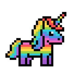 Cute pixel art unicorn &ndash; colorful rainbow fantasy character in retro 8bit style