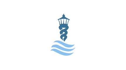 Fototapeta premium A stylized lighthouse design with waves at its base, featuring a caduceus body