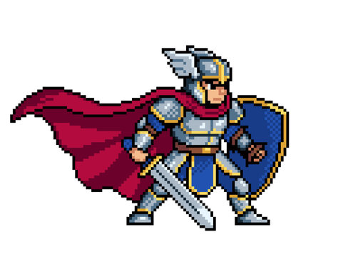 Pixel art superhero character with cape and sword &ndash; retro 8bit game hero