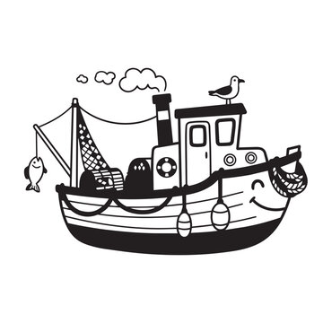 barco pesquero gaviota pescado ilustracion
