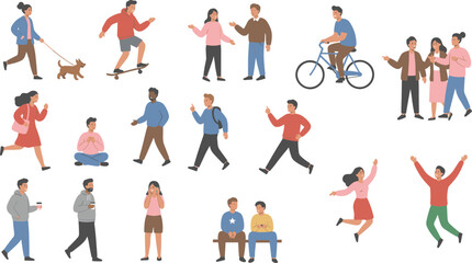 Vector illustration of diverse people engaging in everyday activities including walking, cycling, skateboarding, meditation, and social interaction © Creative design