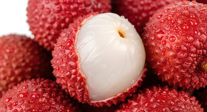 Close-up of fresh lychee fruits, one peeled, on white background