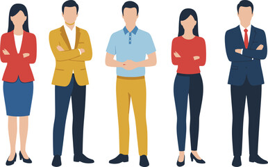 Fototapeta premium Vector illustration of five business professionals in diverse attire and postures representing workplace roles and corporate diversity