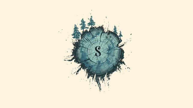 Artistic depiction with a tree cross-section featuring trees, ink splatter, and a central letter "S