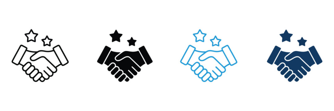 Handshake With Stars Pictogram Icon Set, Best Partnership and Client Review Symbols for Business Communication, Support and Collaboration Concept, Editable Stroke Line and Silhouette