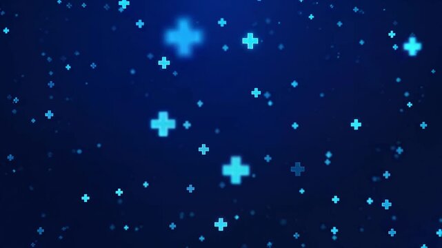 Glowing blue plus signs floating and sparkling on a dark blue abstract background representing healthcare technology