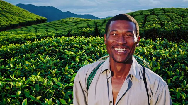 Man smiling in tea plantation. Farmer stands among green tea plants and smiles. Agriculture landscape shows rolling rows and harvest potential. Nature rich outdoors setting with hills and blue sky.