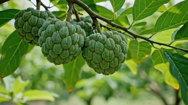 Close-up footage of green sugar apples growing on a leafy branch under dappled sunlight