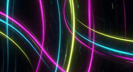 Naklejka premium Dynamic abstract background featuring glowing neon light trails in pink, yellow, and blue, creating a vibrant, energetic, and futuristic digital design