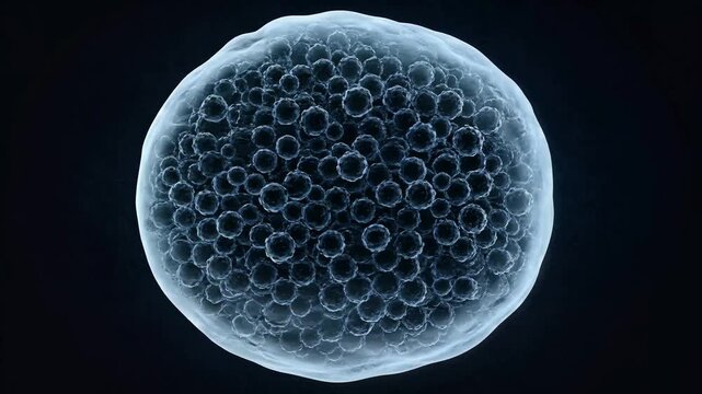 Microscopic cell structure with internal vesicles and organelles glowing with ethereal blue light on a dark