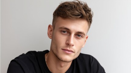 Obraz premium Stylish young male model with modern haircut looking at camera, isolated on light background, perfect for fashion campaigns and social media ads 