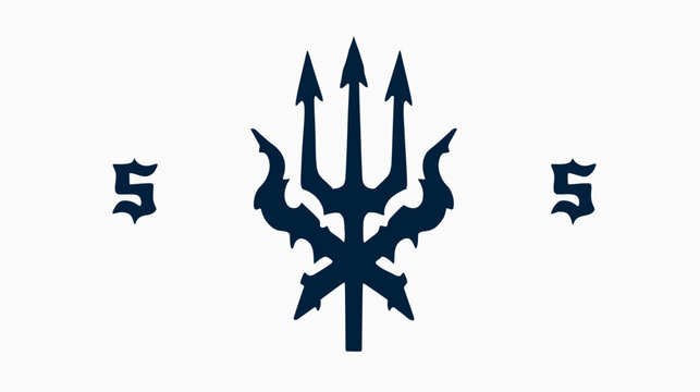 A dark blue trident, flanked by two stylized numbers "5", against a white background