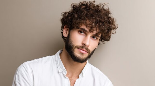 Stylish young man with curly hair and beard posing confidently on soft neutral background, ideal for fashion, beauty, and lifestyle advertisements 