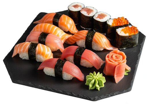 Assortment of salmon and tuna nigiri sushi and maki rolls with pickled ginger and wasabi on a black slate platter
