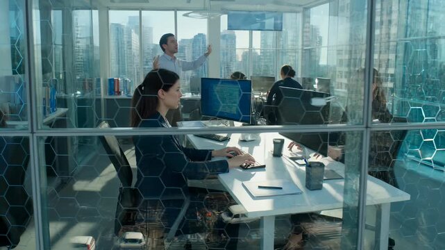 Diverse team of professionals working in a high-tech glass office with a futuristic hexagonal pattern, colleagues collaborating and focusing on tasks in a modern urban skyscraper.