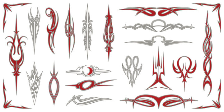 Hot Rod Custom Culture Pinstripe Vector Pack, Freehand Tribal Pinstriping Ornament Collection for Vintage Car and Motorcycle Paint Design, Classic Hotrod Graphics Elements