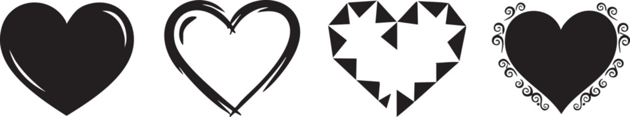 Collection of four distinctive black and white heart shapes with various designs
