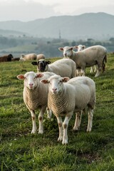 Obraz premium Flock of White Sheep Grazing on a Green Hillside Meadow in the Countryside, Sustainable Agriculture and Livestock Farming in a Rural Landscape