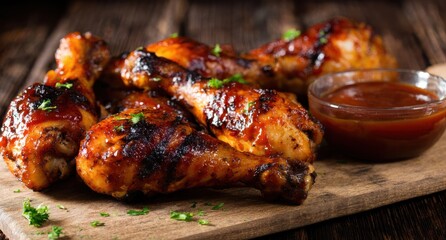 barbecue chicken drumsticks with sauce on a wooden background