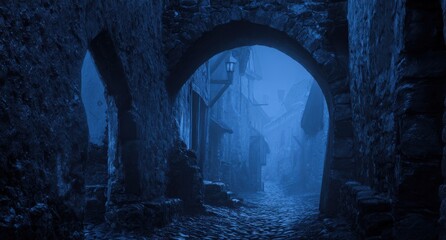 old medieval village street in the fog at night
