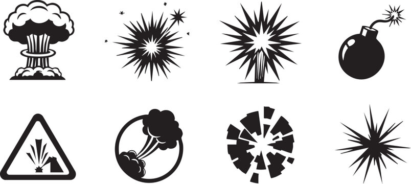 Collection of explosion and warning symbols in black and white