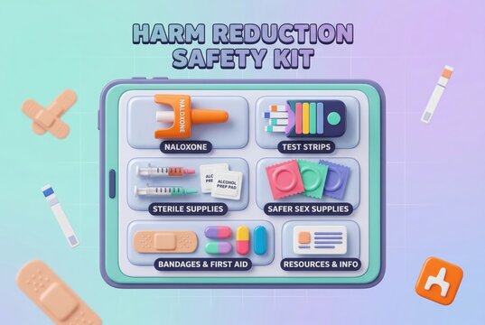 Comprehensive harm reduction safety kit featuring naloxone test strips alcohol prep pads and essential sterile supplies promoting health awareness and safety empowerment