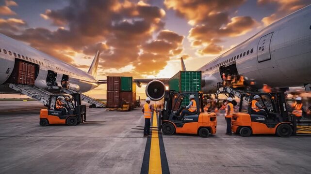 Ground Crew Loading Cargo. Cargo Handling At Sunset Airport. Skyline Glows As Team Manages Cargo Operations. Sunset At Airport Capturing Workers Securing Freight And Guiding Aircraft