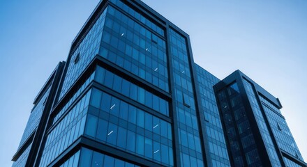Obraz premium Modern glass facade office building exterior under clear blue sky