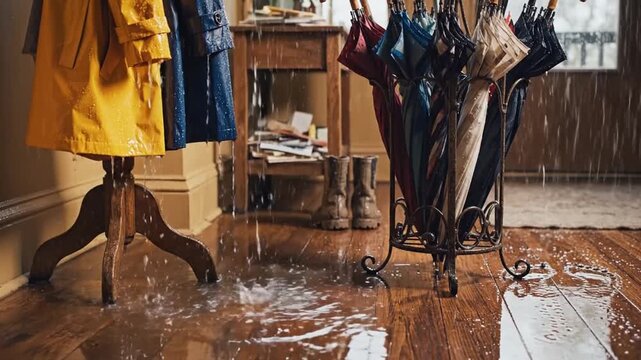 Homeward Arrival On Rainy Day. Standard Home Entryway Filled With Rainy Day Essentials And Cozy Atmosphere. Warm Household Scene Captured During Rainy Day With Various Household Items