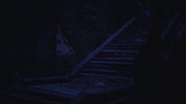 Carved ritual stairway descending into grotto, faint altar silhouette and dripping moisture creating solemn mysterious atmosphere suited to myth, lore,