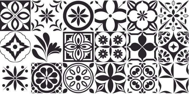 Mediterranean Spanish and Portuguese Tile Mosaic Collection with Mexican Floral Motifs, Black Decorative Interior Kitchen and Wall Tiling Pattern Vector Elements