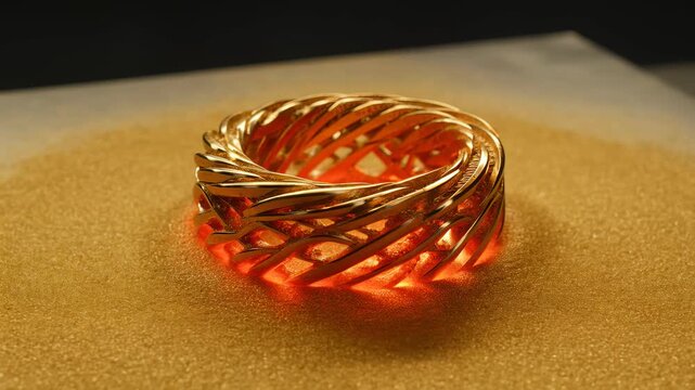 Close-up of intricate, glowing gold ring being selectively laser melted during additive manufacturing process on a bed of metallic powder.
