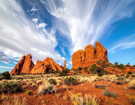 Grand, red rock formations stand under a dynamic blue sky with sweeping cloud formations in a dry, desert landscape