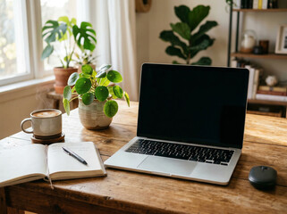 Fototapeta premium Comfortable work space. Relaxed environment with laptop and coffee