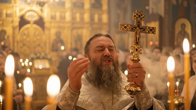Bearded Orthodox Christian bishop holding golden cross and blessing congregation with incense during solemn Easter Pascha candlelit liturgy inside ornate Byzantine cathedral representing resurrection 