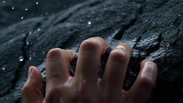 Close-up of a hand desperately gripping a dark volcanic rock as ocean water splashes over it, symbolizing struggle, resilience, and survival against the elements.