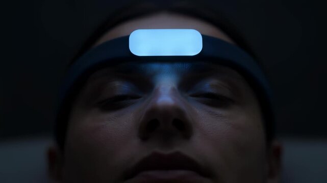 Close-up of a person wearing a futuristic smart headband with a glowing blue light on their forehead, eyes closed in deep sleep, meditation, or a high-tech biohacking therapy session.