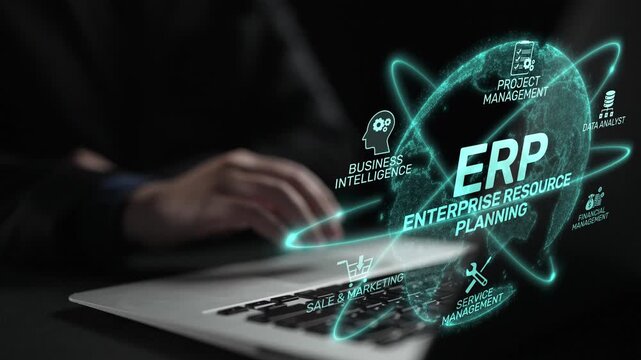 ERP platform visual showing centralized system for enterprise resource planning, improving integration, data flow, business efficiency, finance, inventory, and human resources. Muxer