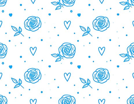 Floral pattern of blue roses and hearts