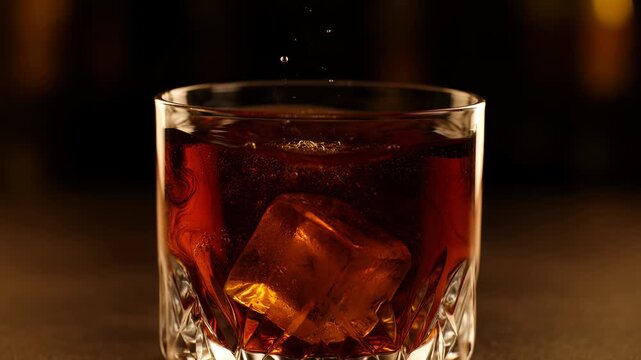 Slow motion of an ice cube falling into a crystal glass filled with amber whiskey or bourbon, creating a splash and ripples against a dark, elegant background.