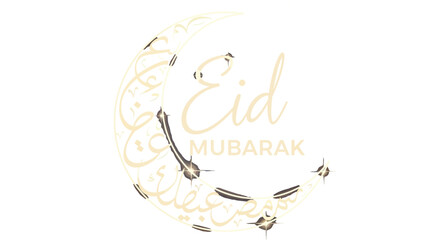 Obraz premium A beautiful golden crescent moon glows brightly with elegant Arabic calligraphy wishing 'Eid Mubarak' against a dark, starry night sky, perfect for Islamic celebrations.