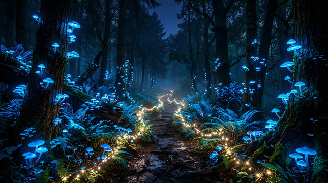 Mystical forest path with glowing blue flowers and string lights at night