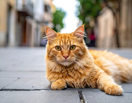 Ginger cat resting on a city street (1)